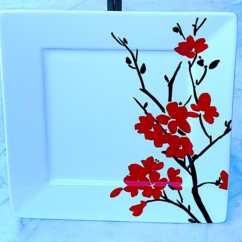 COVENTRY MAKAYLA SALAD PLATE RED FLOWERS ON WHITE SQUARE NEW 8 INCH PORCELAIN